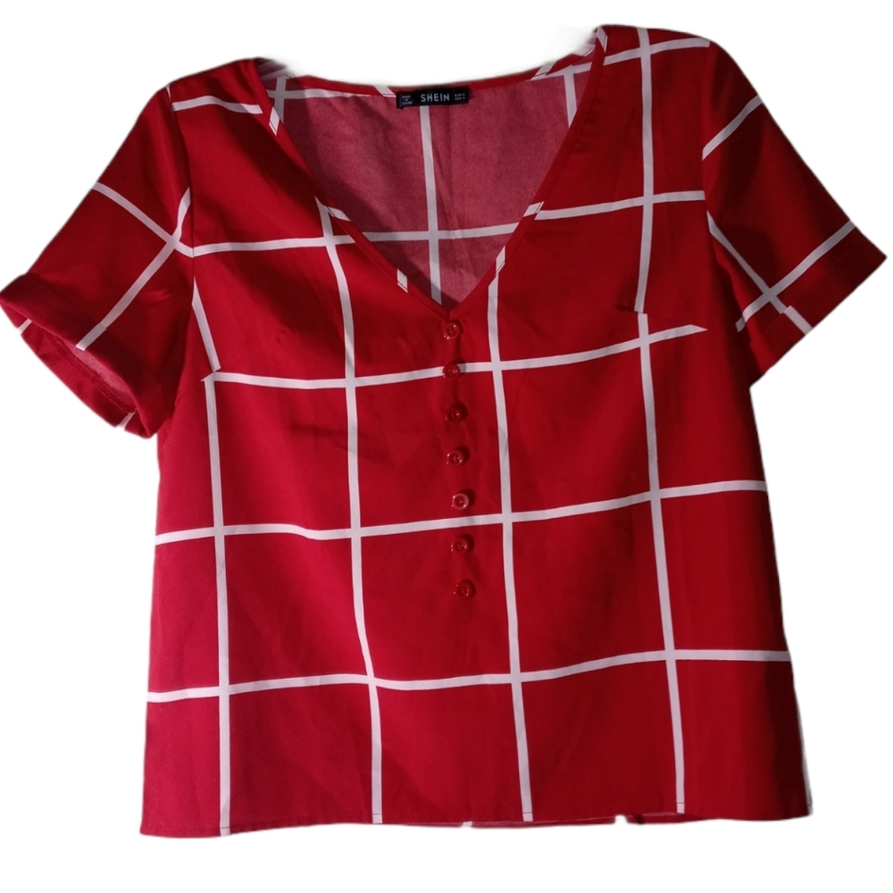 Shein red and white short sleeve shirt